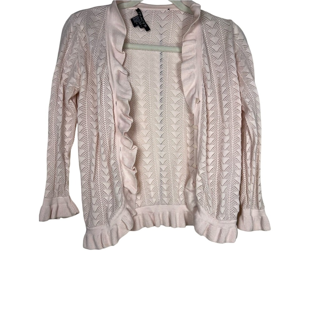 Tracy‎ M Pointelle Knit Ruffle Cardigan Pink Sweater Chevron Lace Coquette Small